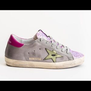 ISO! GGDB superstars in light grey leather upper, pink glitter toe and tongue